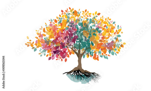 Colorful tree of life with roots and leaves, vector illustration, natural growth, environmental symbol, forest art, eco design, holistic nature, green lifestyle, plant motif, vitality concept.