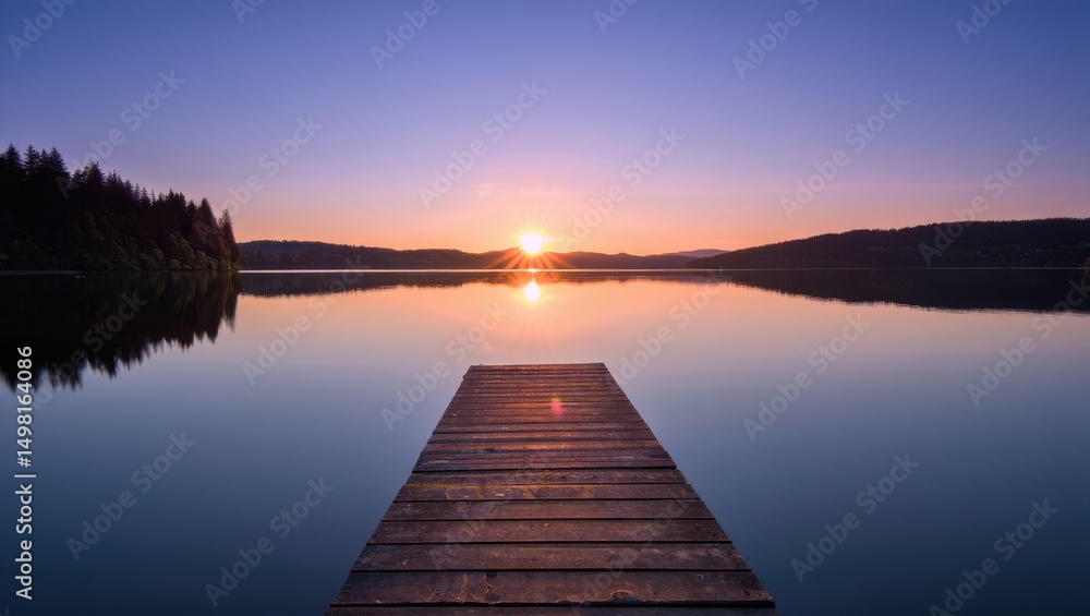 Obraz premium Wooden pier extending into a tranquil lake at sunset with forest view