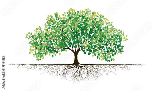 Tree with roots and green leaves isolated on white background, flat style, vector illustration, nature concept, eco symbol, environment icon, botanical design, organic growth.