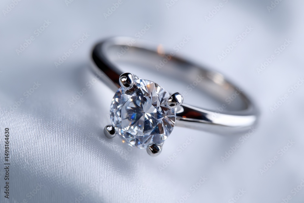 Elegant solitaire diamond ring on a soft, white satin fabric, showcasing brilliance and luxury, ideal for wedding proposal or engagement announcements. Elegant solitaire diamond ring on a soft, white satin fabric, showcasing brilliance and luxury, ideal for wedding proposal or engagement announcements.