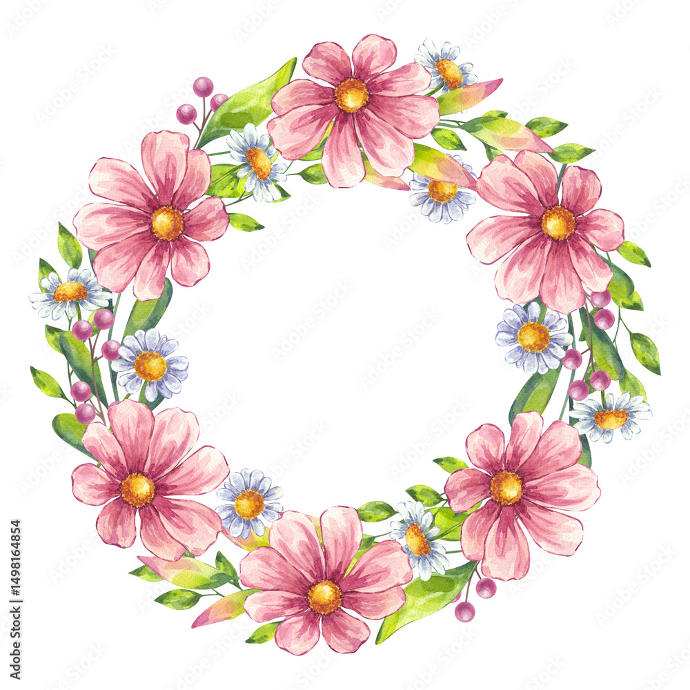 Watercolor blooming flower round wreath frame. Pink cosmos, white daisy chamomile, berries, green leaves. Botanical clip art. Hand drawn illustration isolated background. Wedding invitation Watercolor blooming flower round wreath frame. Pink cosmos, white daisy chamomile, berries, green leaves. Botanical clip art. Hand drawn illustration isolated background. Wedding invitation