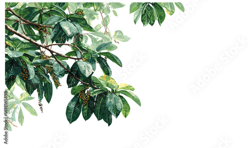 Lush tropical leaves and branch foreground, jungle greenery, exotic foliage pattern, natural tropical environment, vector illustration.