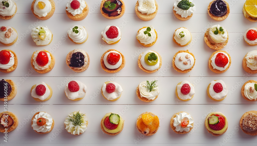 Obraz premium Many different delicious canapes on a white wooden table, close-up