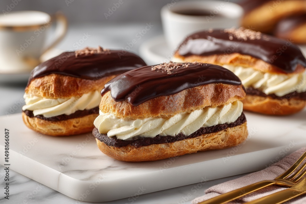 Delicious chocolate eclairs filled with cream on a marble board and coffee, showcasing a sweet pastry dessert and inviting culinary composition. Delicious chocolate eclairs filled with cream on a marble board and coffee, showcasing a sweet pastry dessert and inviting culinary composition.