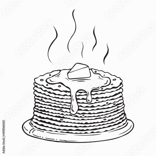 Line drawing fried thin pancakes with a slice of butter on the plate doodle outline. Vector logo. Traditional Russian Crepes Blini. Black and white pancakes isolated illustration.