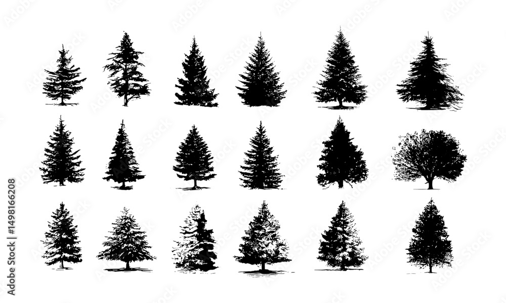 Obraz premium Various Christmas tree silhouette vector illustration, holiday evergreen shapes, festive pine branch, seasonal decoration design, winter celebration outline, Xmas tree cutout, holiday symbol art.