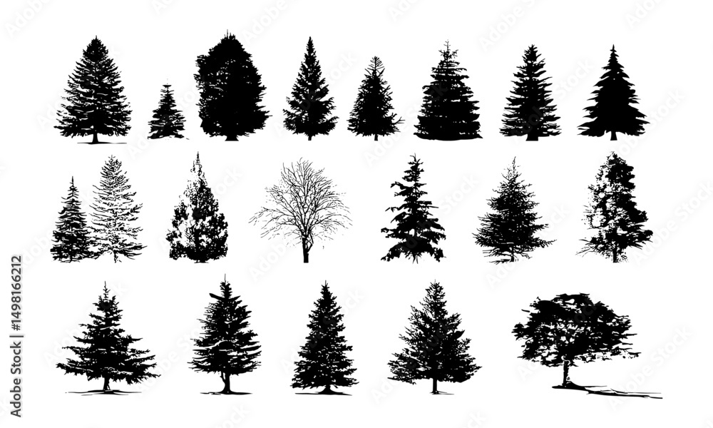 Fototapeta premium Christmas tree silhouette various styles, vector illustration, holiday season icon, festive decor, winter symbol, pine needles outline, Xmas celebration, evergreen tree art, seasonal cutout design.