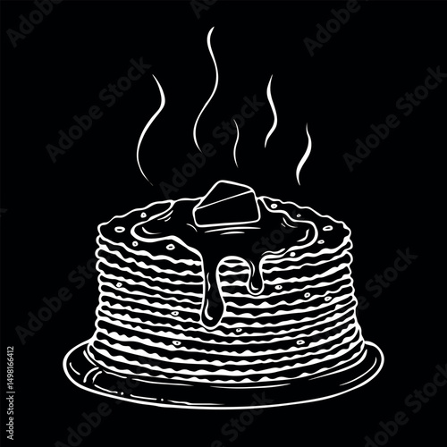 Line drawing fried thin pancakes with a slice of butter on the plate doodle outline. Vector logo. Traditional Russian Crepes Blini. Black and white pancakes isolated illustration.