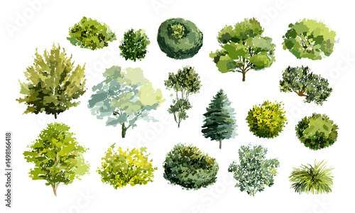 Top view of various green trees, shrubs, bushes for landscape design plan, vector illustration, natural environment, urban planning, garden design, foliage, eco landscape.