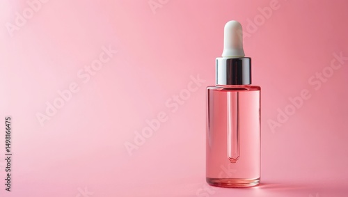 Bottle of cosmetic serum with dropper isolated on pink background