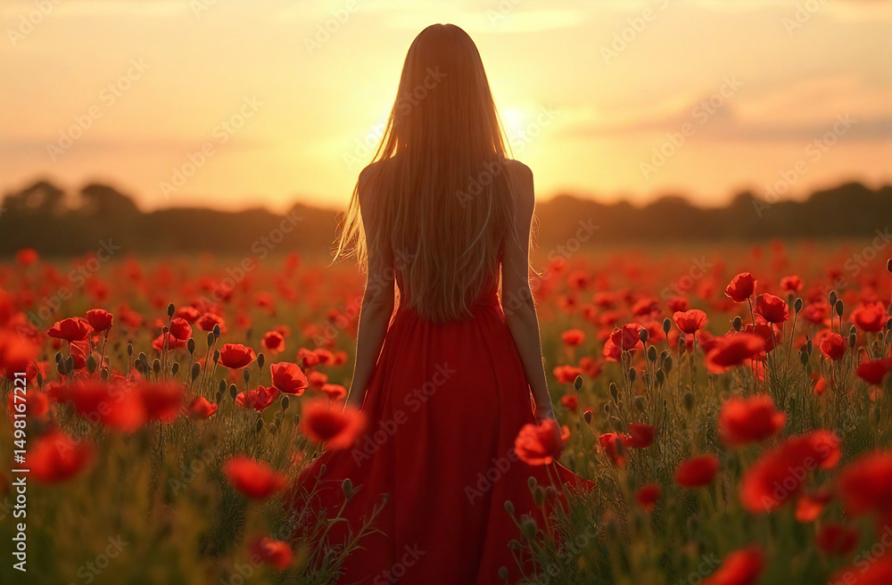 Obraz premium Woman in Red Dress in Poppy Field at Sunset