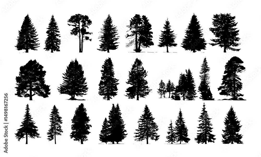 Fototapeta premium Vector illustration of conifer tree silhouettes, Canadian pine collection, evergreen forest shapes, woodland tree bundle, nature landscape design, outdoor silhouette set, botanical greenery.