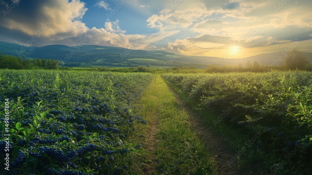 Obraz premium Sunset path through a lush blueberry field