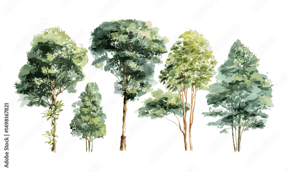 Vector illustration hand drawn watercolor tree top isolated on white background for landscape design, architecture layout, garden environment, outdoor nature elements, eco-friendly planning.