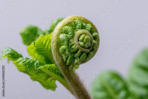 A close-up shot capturing the intricate spiral of a budding fern frond, revealing its tightly coiled leaves and delicate, textured surface with a soft, natural light.
