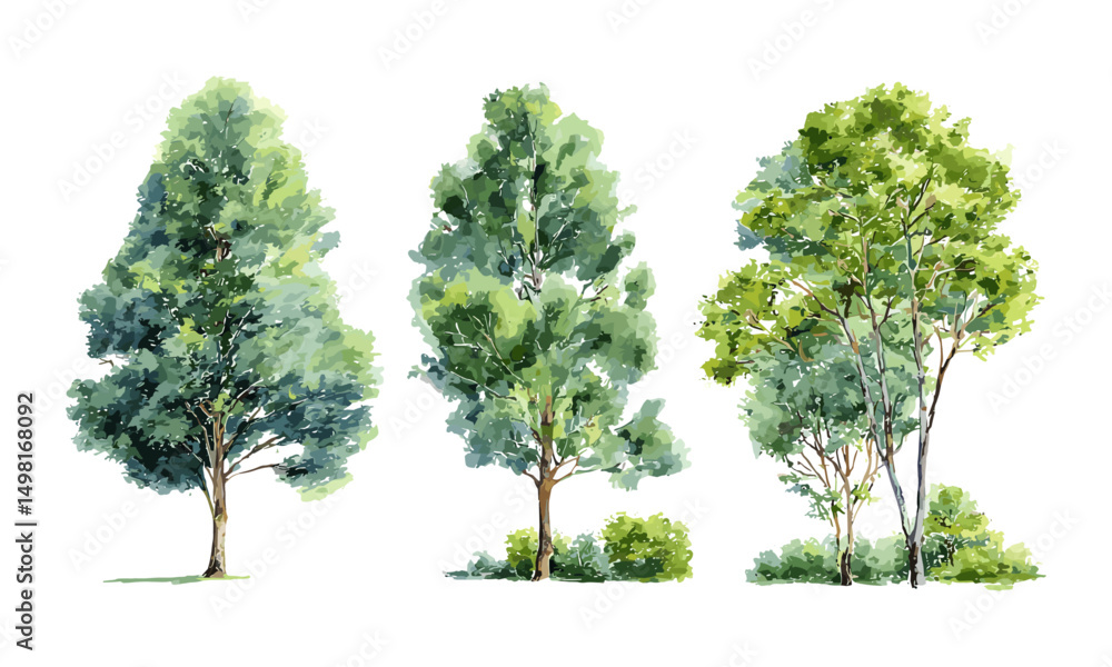 Fototapeta premium Watercolor vector illustration, green tree forest side view for garden, spring exterior, landscape or architecture drawing element, nature background, botanical foliage, isolated, png.
