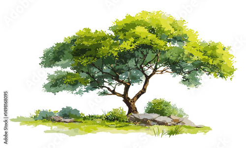 Vector illustration of watercolor green tree side view, isolated on white background for garden or landscape drawing, spring exterior, architecture section, cutout, environment design.