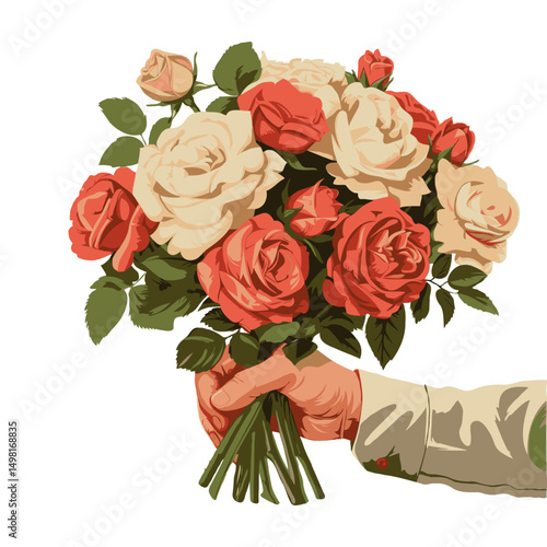 A person hand holding a bouquet of red and white roses, painted style, isolated on white background, symbolizing love and celebration flower delivery