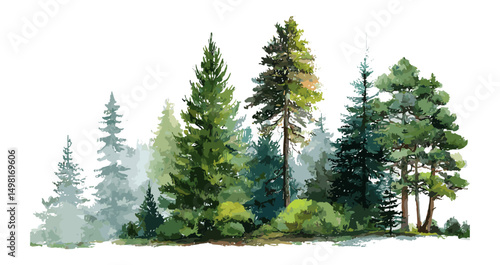 Forest tree illustration, mountain scenery, pine woodland, green forest environment, watercolor nature art, vector illustration, wild forest landscape, natural outdoors scene.