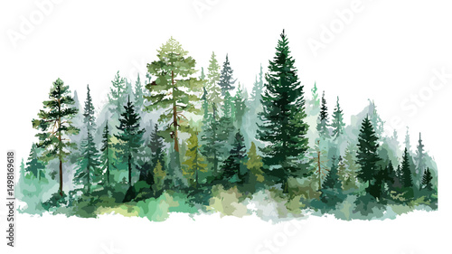 Watercolor mountain landscape, forest pine trees, woodland scenery, green forest, nature illustration, vector illustration, outdoor scenery, wilderness art, eco landscape.