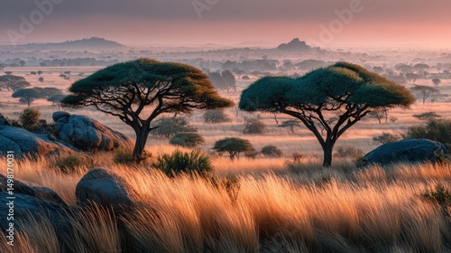 African savanna landscape at sunrise	