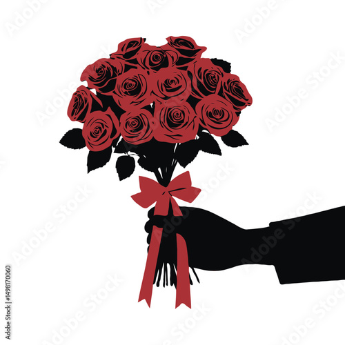 A silhouette hand holding a bouquet of red roses with ribbon in flat graphic style on a white background, symbolizing love and flower delivery