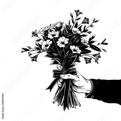 Hand holding a bouquet of flowers tied with a ribbon, monochrome graphic style, on white background. Concept of gift, romance, celebration flower delivery