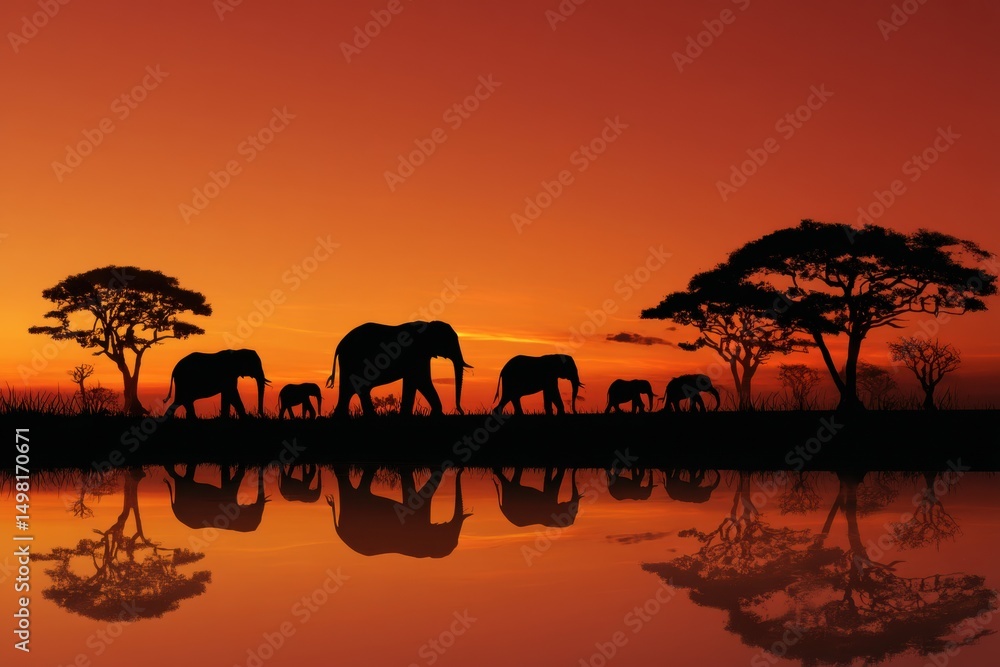 Fototapeta premium Elephants walking at sunset with acacia trees 