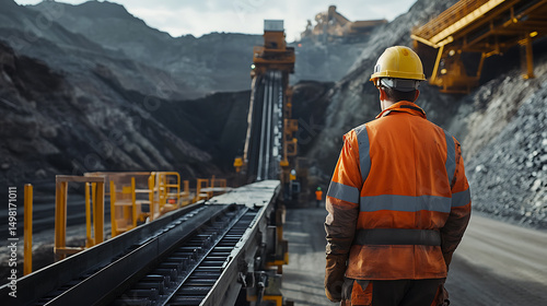 Miner in Hard Hat Overlooking Industrial Mining Site