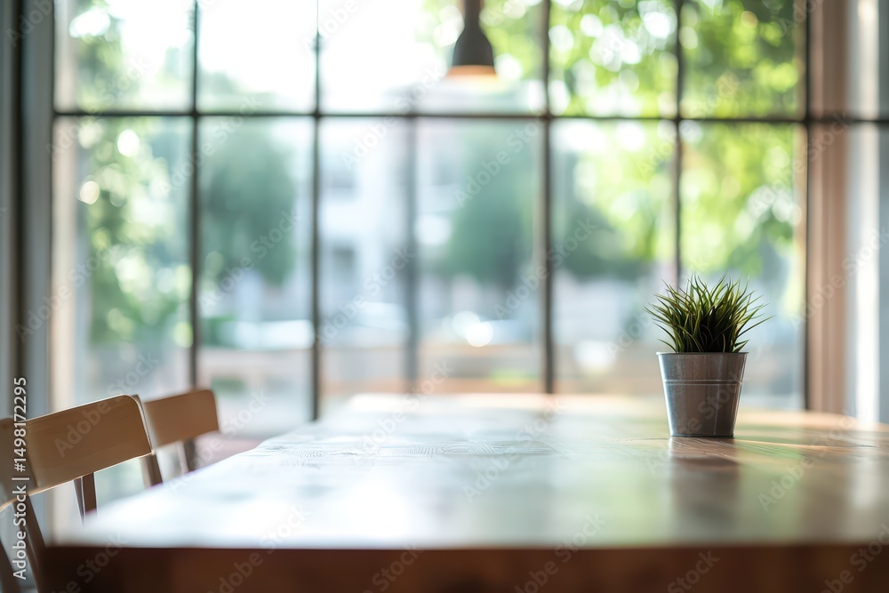 Fototapeta premium Bright indoor table with plant on sunny morning