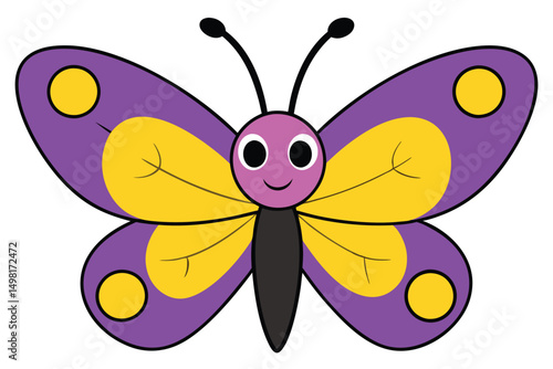 Cartoon Butterfly with Purple and Yellow Wings and a Smiling Face Illustration