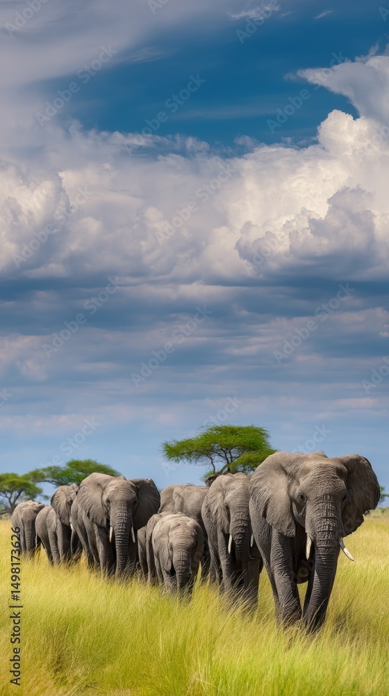 Fototapeta premium Elephant herd walking through grassy savanna