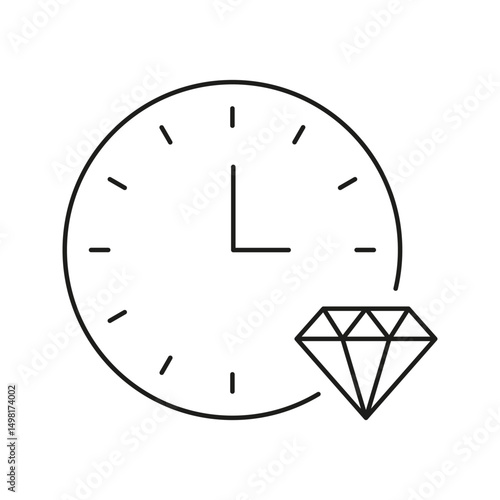 Clock With Diamond Line Icon. Time Management And Luxury Value Outline Symbol. Wealth And Precious Investment Concept. Editable Stroke. Isolated Vector Illustration
