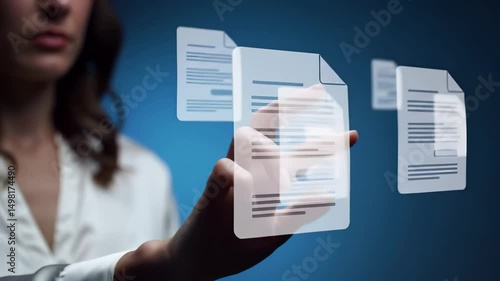 Wallpaper Mural Digital document management interface with virtual paperless files and transparent data forms against blue background. Professional woman in white blouse near electronic records and cloud storage Torontodigital.ca