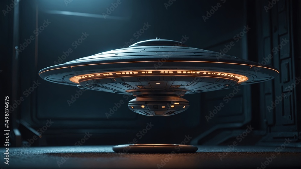 Obraz premium Close-up of glowing ufo in dimly lit sci-fi interior, metallic textures and futuristic design details. Concept of alien technology and space research