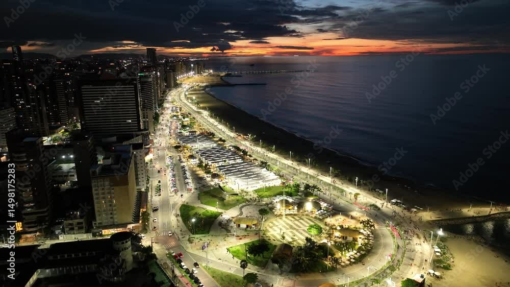 Coast Sidewalk At Fortaleza Ceara Brazil. Aerial View Of Stunning Beach With Crystal Clear Waters. Sunset Paradise Landscape Idyllic Stunning. Idyllic Water Edge Coast. Fortaleza Ceara.