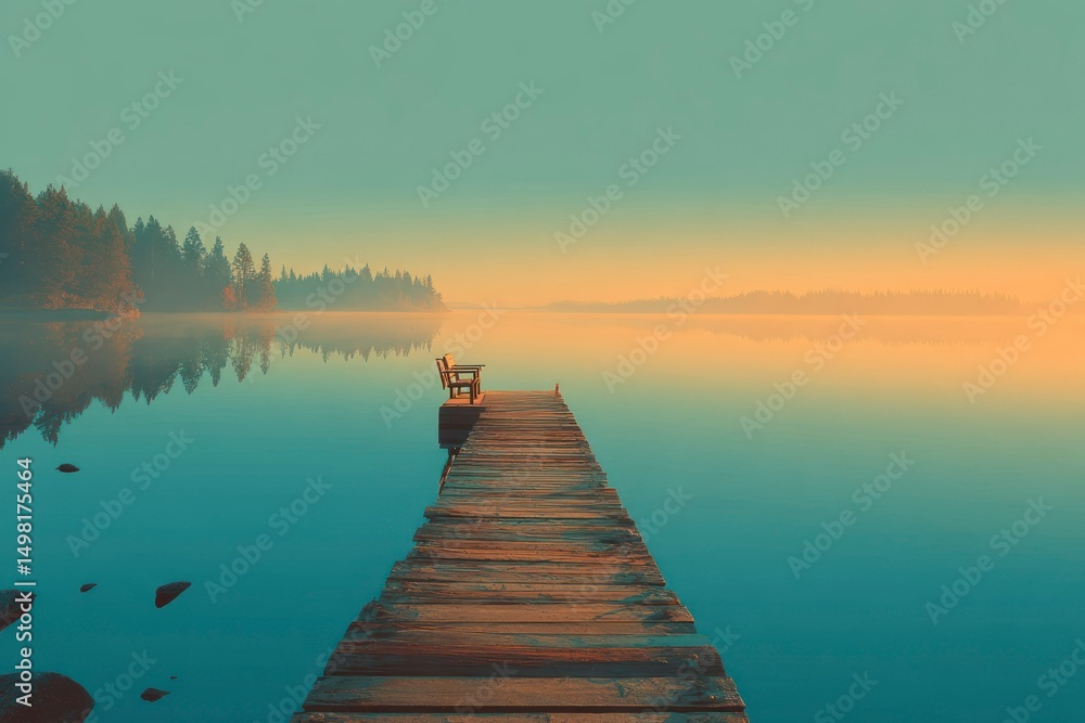 Fototapeta premium Serene Lake Sunset with Wooden Dock and Bench Nature Reflections Calm Waters Tranquil Scene