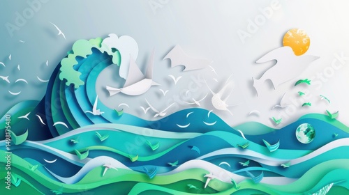 Wallpaper Mural Paper Art Depicting Ocean Waves and Seagulls Torontodigital.ca