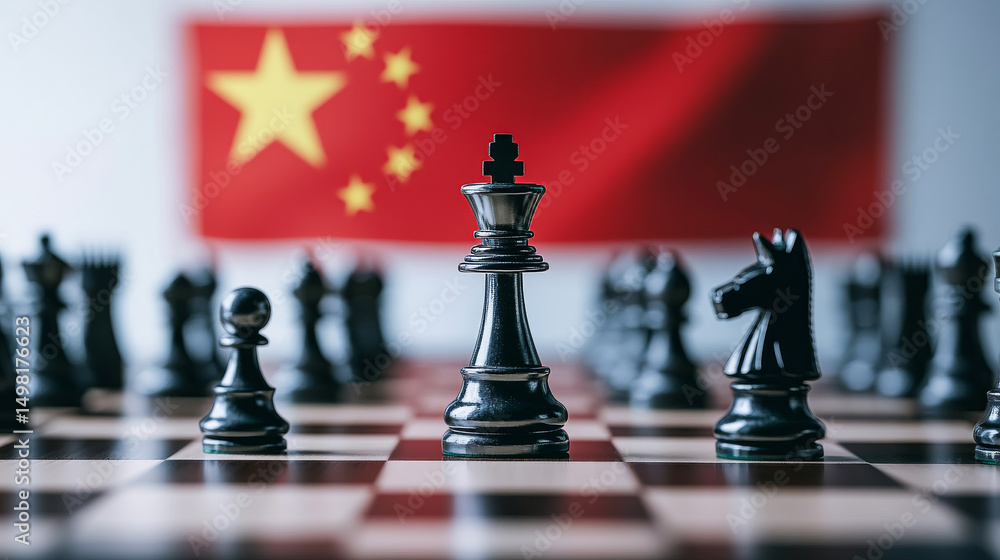 Naklejka premium Chess game with a China flag backdrop. A close-up of a chessboard featuring black pieces in front of a Chinese flag, highlighting strategy and competition.