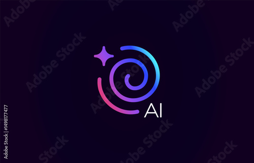 AI logo with glowing spiral and glare star element, abstract gradient lines funnel icon design for innovative tech platforms, creative AI tools, digital branding. Vector illustration.