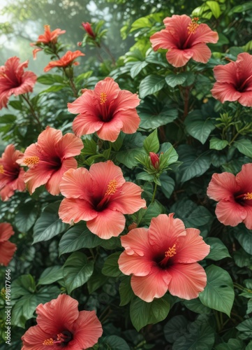 Wallpaper Mural Large exotic hibiscus in dense green tropical garden, showy petals ,  paradise,  flowers Torontodigital.ca