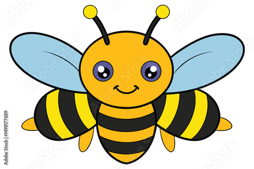 Cartoon Honeybee with Blue Wings, Smiling Face, Yellow Antennae and Striped Body