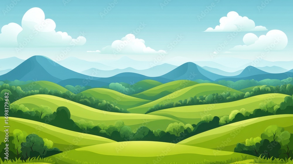 Green Rolling Hills Under Blue Sky with Fluffy Clouds and Mountains Green Rolling Hills Under Blue Sky with Fluffy Clouds and Mountains