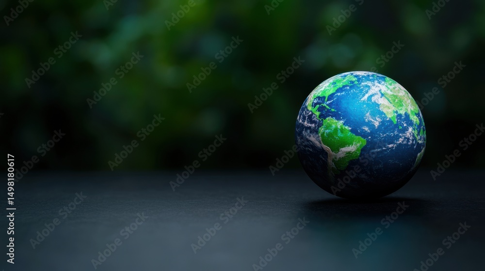 Fototapeta premium A colorful globe sits on a dark surface, displaying continents and oceans. The background features lush green elements, emphasizing a theme of nature