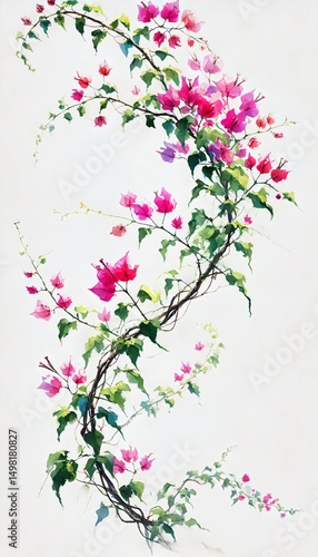 Bougainvillea vine with pink blossoms in watercolor style
