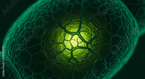 Microscopic image of vibrant green cellular structure with glowing core and intricate network