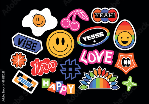 Futuristic y2k patches, labels, tags, bracelet stamps in retro style. Cartoon stickers in funky hipster groovy grunge 90s style. Doodle phrases in flat style. Cute vector set, fashion promo labels. 
