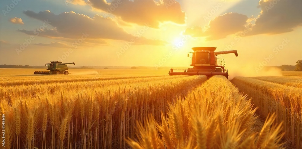 Fototapeta premium Golden wheat field under a summer sun, ripe for harvest Combines in the distance, ready for the bountiful yield A picturesque scene of agricultural abundance , countryside, farming, food production