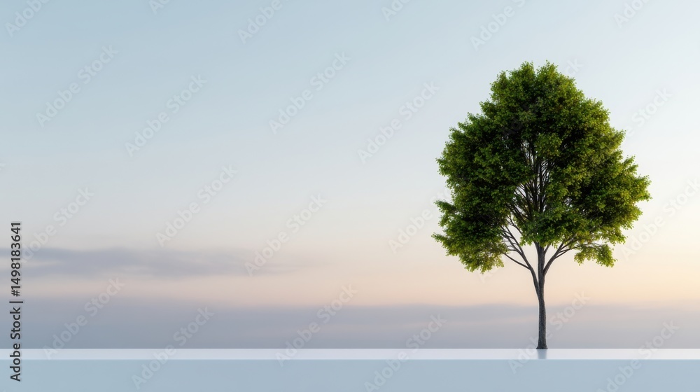 A solitary tree rises in the foreground, silhouetted against a soft pastel sky as the sun sets. The calm atmosphere evokes feelings of peace and reflection A solitary tree rises in the foreground, silhouetted against a soft pastel sky as the sun sets. The calm atmosphere evokes feelings of peace and reflection