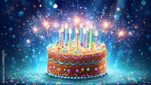 Playful illustrated cake with vibrant icing layers, star-shaped sparklers, and bright candles exploding against a fun confetti background